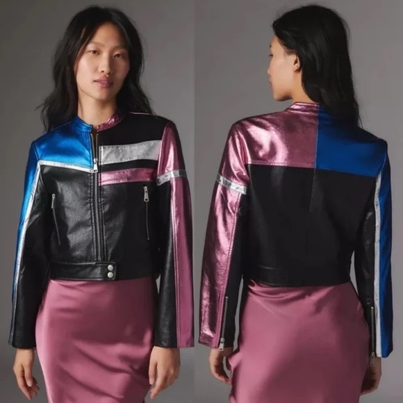 Urban Outfitters Metallic Moto Faux Leather Pink, Blue, Silver Jacket sz Large - Picture 1 of 16
